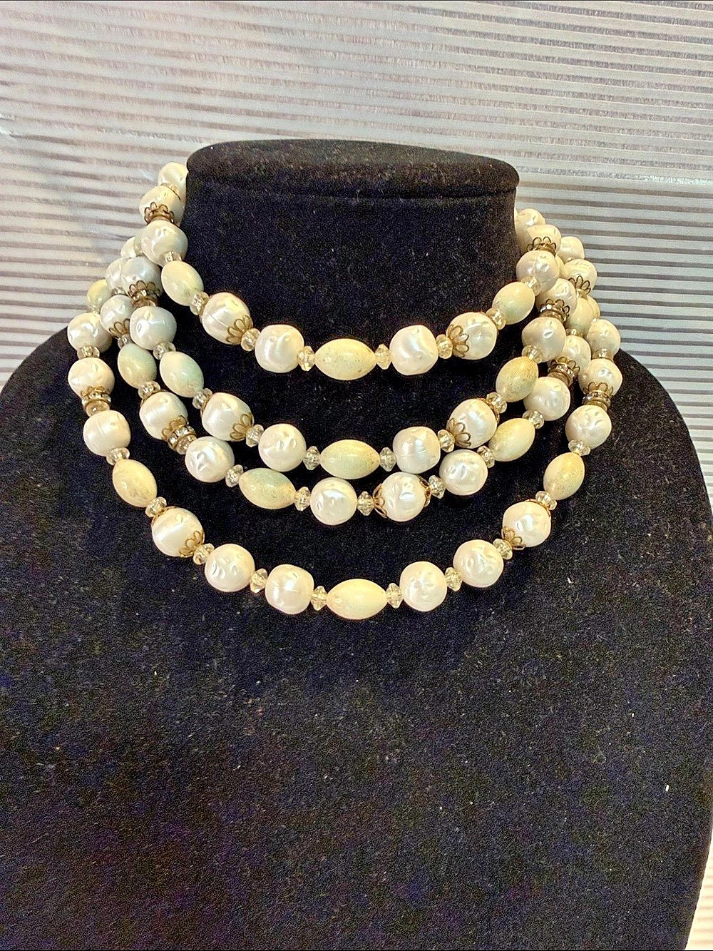 Three-Strand Beaded Necklace in White & Green